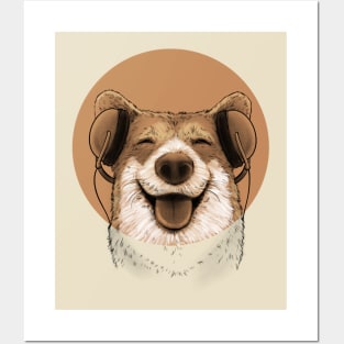 Happy Smiling face Pup with Headphone Music Posters and Art